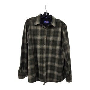 Vintage Pendleton Plaid Wool Shirt Men's LG Green Brown Elbow Patches Outdoor